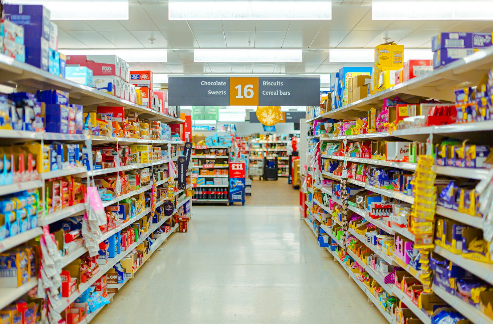 A stocked grocery store aisle
